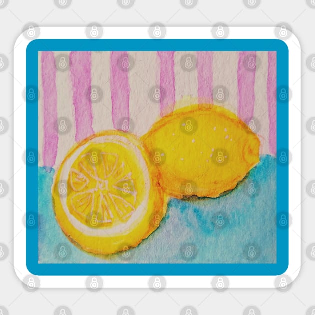 Watercolor lemons on blue table with striped pink background Sticker by San Mould Art